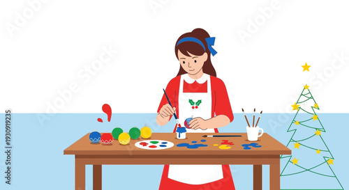 Woman Decorating Ornaments for Christmas Season With Colorful Paints and Tree