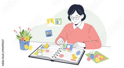 Woman Composing an Artistic Easter Journal with Decorations and Memorabilia