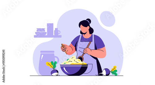 Woman Cooking Delicious Meal Using Fresh Ingredients In Modern Style