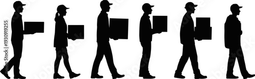 Black silhouette collection of delivery men and women carrying cardboard boxes and packages for shipping and logistics services isolated on a white background.