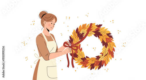 Woman Crafting a Beautiful Autumn Wreath with Warm Colors for Seasonal Decoration