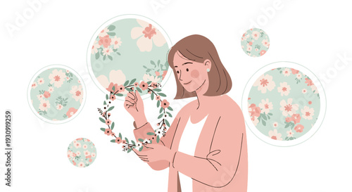 Woman Crafting a Delicate Floral Wreath with Floral Elements