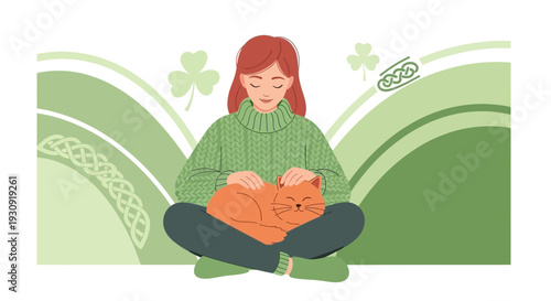 Woman Cradles Cat in Serene Scene Featuring Celtic Designs and Clover Motifs