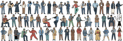 Collection of diverse people characters in different poses and professions flat illustration