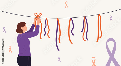 Woman Decorating with Ribbons Promoting Awareness for a Cause Vector Illustration