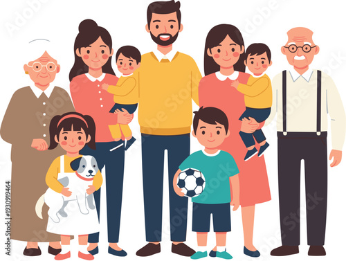 Happy multi-generational family portrait with grandparents, parents, children and a pet dog
