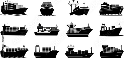 Black silhouette collection of industrial cargo ships and container vessels for maritime freight transportation global shipping logistics and international trade isolated on white background