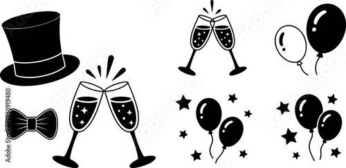 Set of celebration icons featuring champagne glasses toasting balloons top hat and bow tie for party event flat vector illustration
