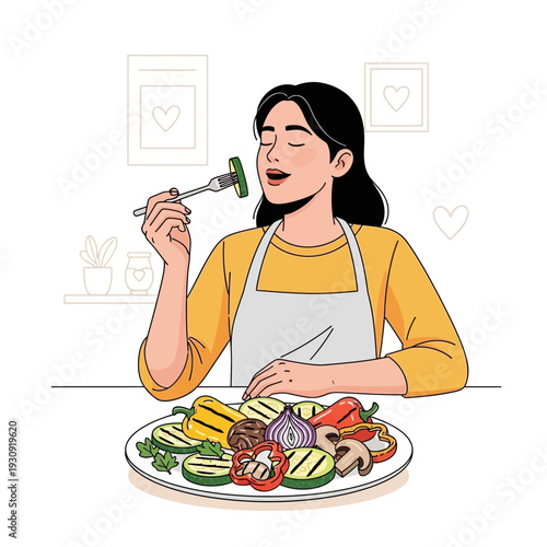 Woman Enjoying Healthy Vegetarian Meal, Plate Of Grilled Vegetables, Freshness and Wellness Focus