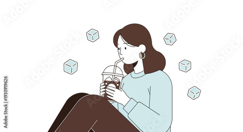 Woman Enjoying Iced Coffee Drink With Cubes of Ice, Simple Illustration