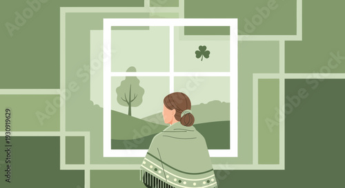 Woman Gazing Out Window At Serene Green Landscape With Shamrock