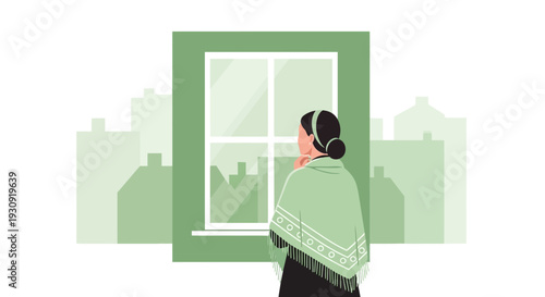 Woman Gazing Out Window At City Skyline Silhouette