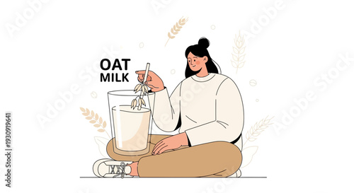 Woman Enjoying Oat Milk While Sitting Cross Legged In The Illustration Style Design