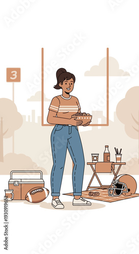 Woman Enjoying Picnic at Football Game, Preparing for Match on a Sunny Day, Casual Outing