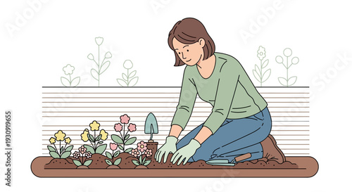 Woman Gently Planting Flowers In Garden Soil