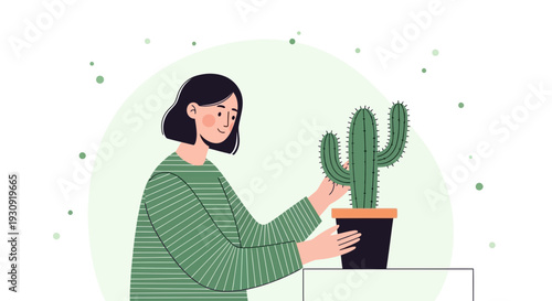 Woman Gently Tending To A Potted Cactus Plant