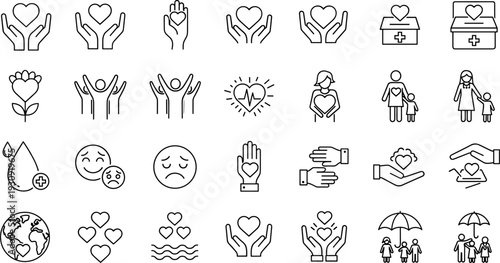 Set of charity and healthcare line icons featuring heart in hands donation box family protection and medical care symbols vector
