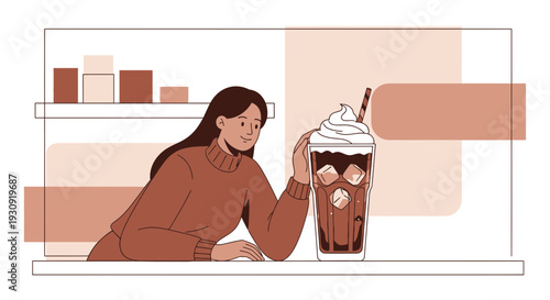 Woman Enjoying Refreshing Iced Coffee Beverage