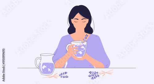 Woman Enjoying Refreshing Lavender Infused Drink And Serene Moments