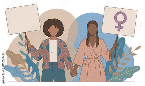 Two diverse women holding hands and protest signs advocating for female empowerment and gender equality in a unified demonstration.