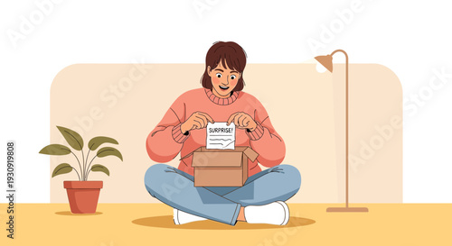 Woman Excitedly Opens Surprise Gift Box Discovering The Contents With Anticipation