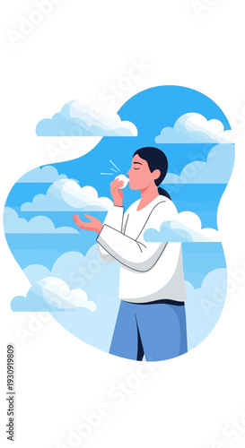 Woman Exhaling, Surrounded by Billowing White Clouds, and a Vibrant Blue Sky Illustration