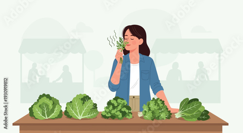 Woman Experiencing Freshness Of Herbs At A Farmers Market Stand