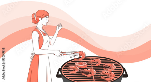 Woman Grilling Seafood Delightful Culinary Preparation Outdoors