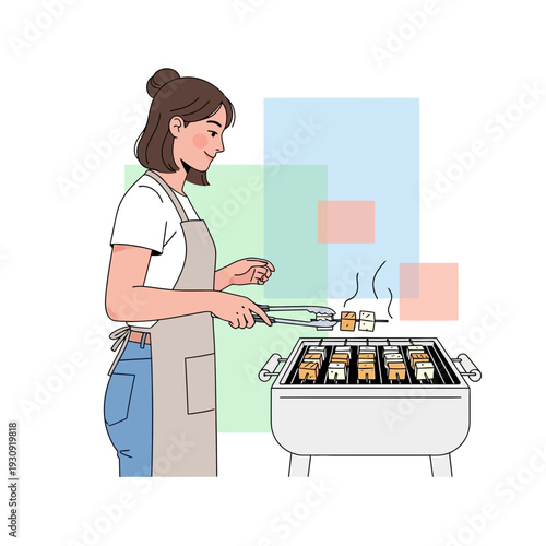 Woman Grilling Skewers With Delicious Ingredients On Barbecue Grill