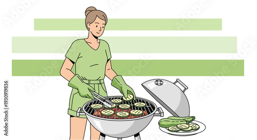 Woman Grilling Zucchini on a Barbecue on a Beautiful Day Illustration