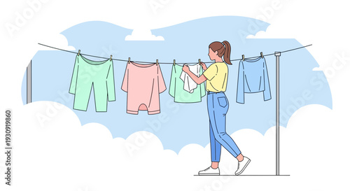Woman Hanging Laundry On A Clothesline With Freshness And Cleanliness