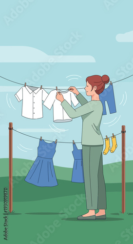 Woman Hanging Laundry Outdoors Under A Blue Sky With Greenery