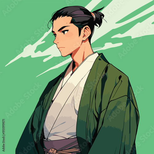 Flat vector illustration of a Japanese man wearing traditional Japanese clothes in Japanese anime style
