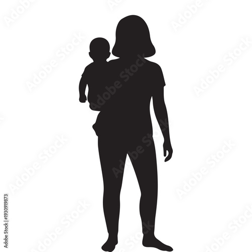 Mother carrying child silhouette icon, parenting and motherhood concept, family love symbol, minimal black vector illustration isolated on white background