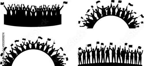 Set of cheering crowd silhouettes holding flags and raising hands in various arch shapes for sports fans or protest event