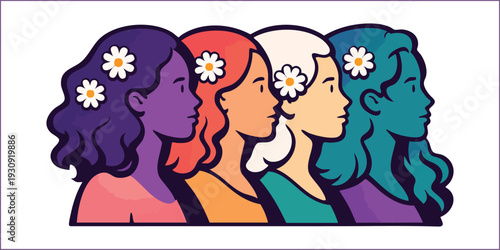 Row of Diverse Young Women Profiles with Flowers: Multicultural Beauty and Unity Vector Illustration