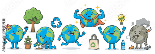 Adorable cartoon Earth characters showcasing environmental care and pollution impacts with positive and negative representations.