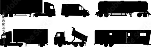 Black silhouette collection of industrial transport vehicles featuring heavy semi trucks with trailers delivery van fuel tanker and dump truck isolated on white background (24 words)