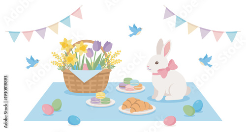 Cute white rabbit and Easter basket filled with colorful flowers, eggs, and sweet treats on a festive spring table.