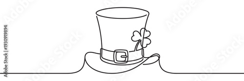Leprechaun hat with a shamrock and buckle drawn in a continuous single line art style for St. Patrick's Day celebration.