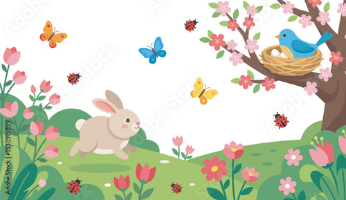 Cute rabbit, blue bird, colorful butterflies, and ladybugs enjoy a beautiful spring day among blooming flowers and a blossoming tree.