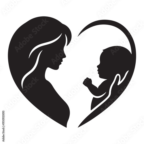 Mother and baby heart frame silhouette icon, maternal love symbol, parenting motherhood concept, minimal black vector illustration isolated