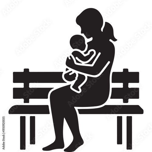 Mother sitting on bench with baby silhouette icon, parenting motherhood concept, maternal love symbol, minimal black vector illustration isolated