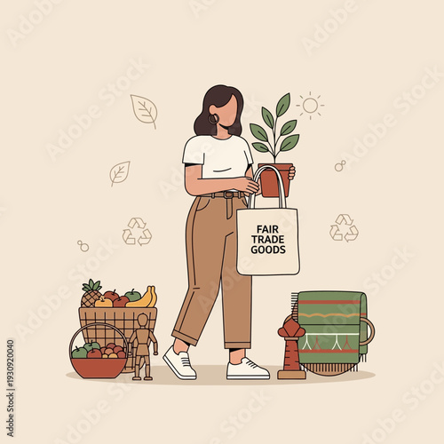Woman Holding Fair Trade Goods, Fruits, Plant, Eco-Friendly, Sustainable Lifestyle, Ethical Shopping