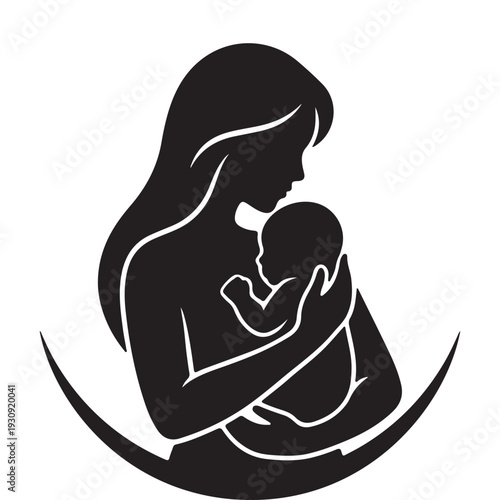 Mother cradling baby silhouette icon, motherhood parenting concept, maternal love symbol, minimal black vector illustration isolated for maternity design