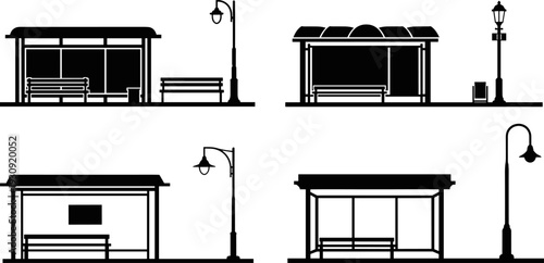 Set of city bus stop shelter silhouettes with street lamps and benches for urban public transportation map flat vector illustration