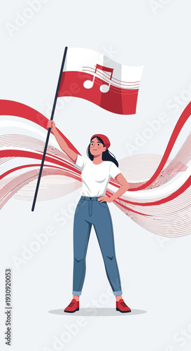 Woman Holding Flag With Musical Notes And Red Waves Celebrate Cultural Event