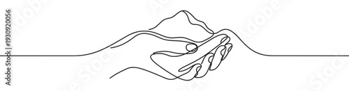 Continuous line drawing hand holding mountain range symbolizes environmental protection, care, and the delicate balance of nature.