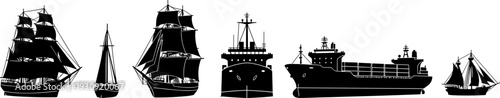 Black silhouette collection of maritime vessels including historical tall sailing ships, vintage wooden schooners, and modern industrial cargo container ships isolated on white background.