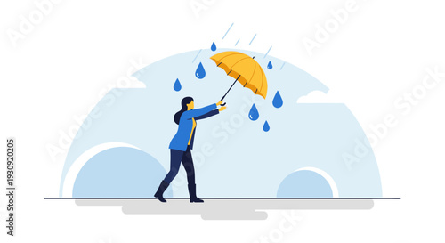 Woman Holding Yellow Umbrella In Heavy Rainstorm Weather Illustration